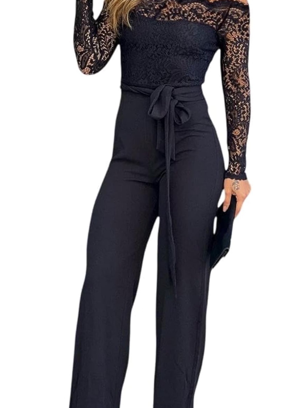 Navy blue Lace-Top Wide-Leg Jumpsuit with Waist Tie
